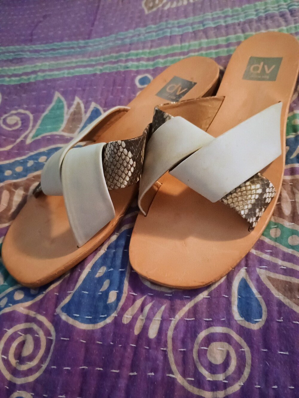 DV by Dolce Vita White Slide Sandals with Snake-Print Accent